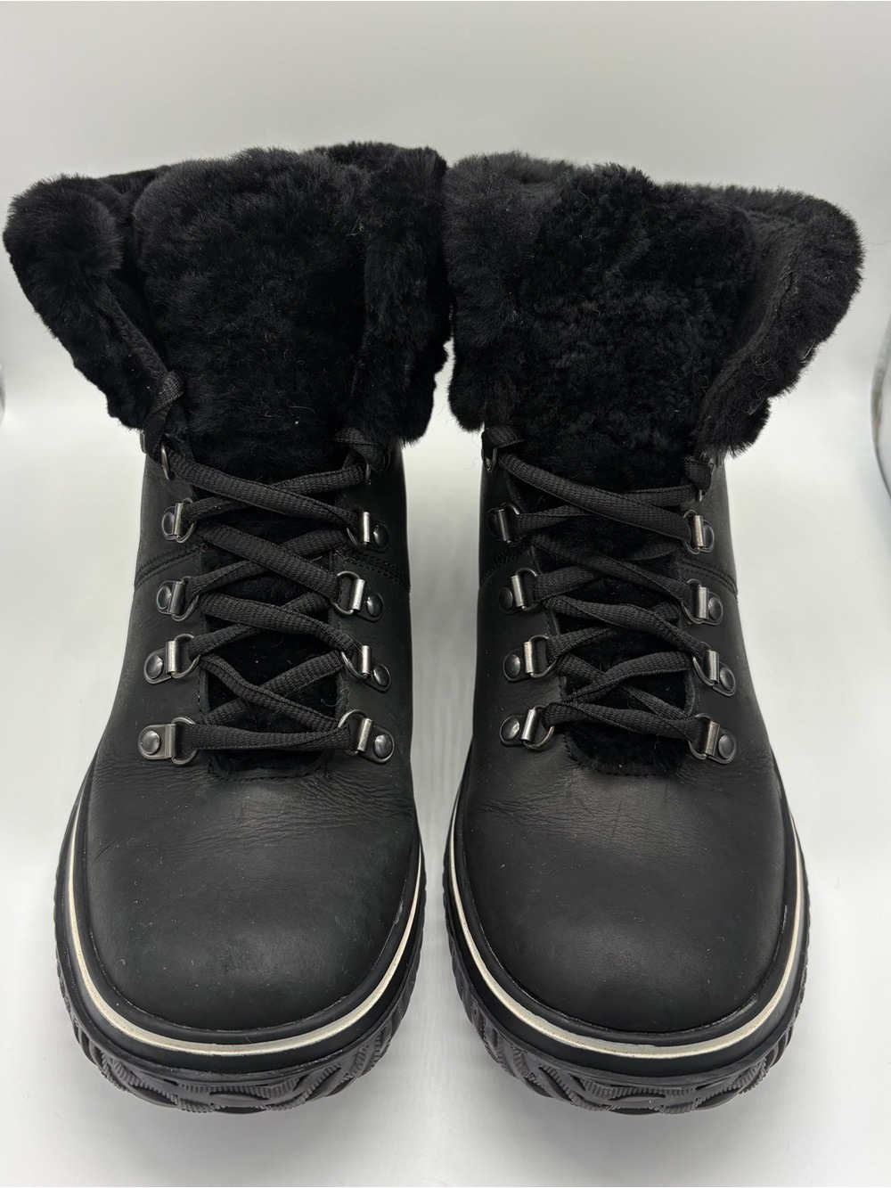 Pajar Black Leather Fur Trim Lace-Up Winter Boots Size 9 Like New